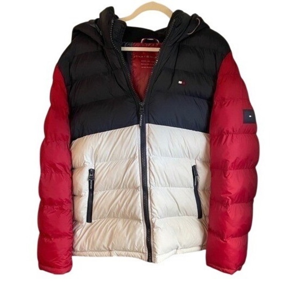 Tommy Hilfiger Color Block Puffer Jacket Hooded Warm Water Wind Resistant L Navy